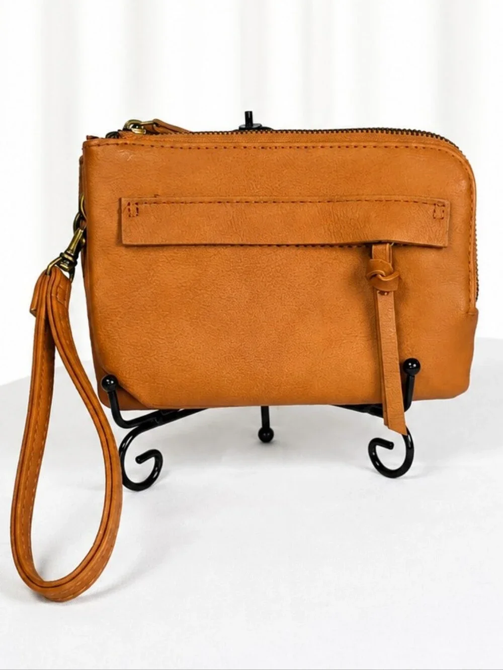 👜 Cognac Tan Double Zip Wristlet Wallet Clutch Boho Tassel Organizer